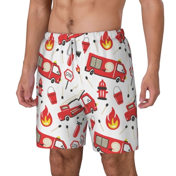 Picia Fire Truck pattern Mens Swim Trunks with Compression Liner Stretch Beach Shorts Quick Dry with Zipper Pockets No-Chafing Board Shorts-Large