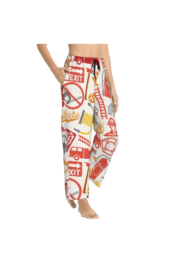Firefighter Icons Womens Soft Woven Cotton Elastic Waistband Sleep Pajama Pant Lounge Sleep Pant With Pockets And Drawstring-Medium