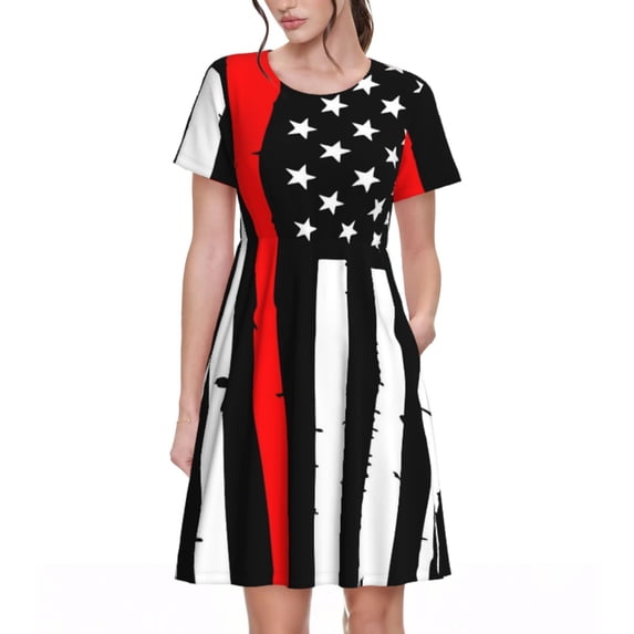 Picia Firefighters USA Flag Pattern Women's Short Sleeve Summer Dress Pleated Loose Swing Knee Length Short Sleeve Swing Dresses