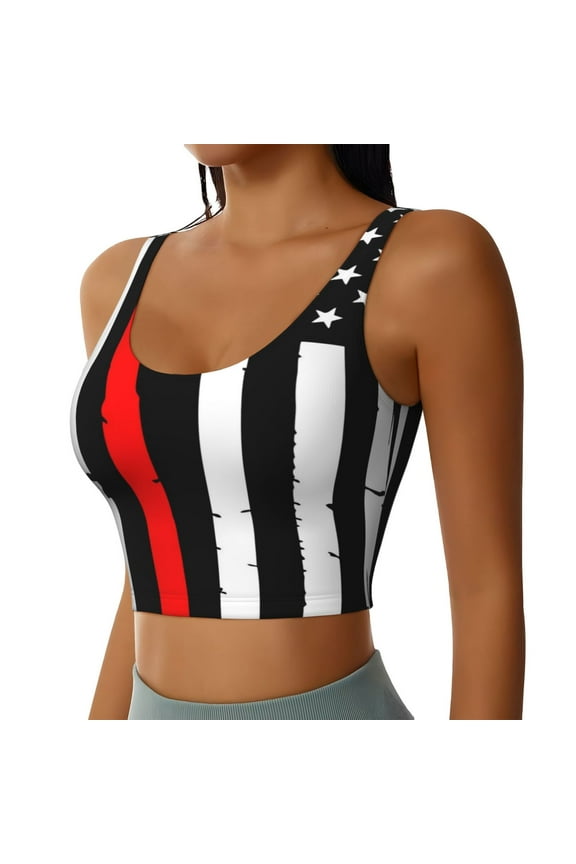Firefighters USA Flag Sports Bra for Women,Padded Strappy Sports Bras Medium Support Yoga Bra with Removable Cups,Running Yoga Bra-XX-Large