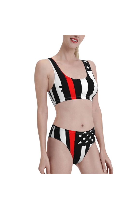 Firefighters USA Flag Women's High Waisted Bikini Scoop Neck Swimsuit Two Pieces Bathing Suit-Small