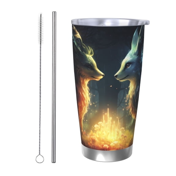 Picia Firefly Forest Fox Pattern 20 oz Tumbler Stainless Steel Vacuum Insulated Coffee Ice Cup Double Wall Travel Flask Dual Lid Water Bottle, Eco-friendly Car Cup