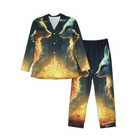 Picia Firefly Forest Fox Pattern Men’s Long-Sleeve Sleepwear Set - Soft 2-Piece Loungewear with Pockets, Comfy PJs for Relaxing Nights-X-Large