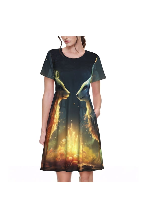 Firefly Forest Fox Pattern Women's Short Sleeve Summer Dress Pleated Loose Swing Knee Length Short Sleeve Swing Dresses