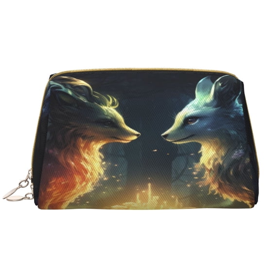 Picia Firefly Forest Fox Print Leather Makeup Bag Make Up Bag Travel Toiletry Bag for Her Girlfriend Teacher Teen Girl Gifts
