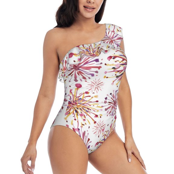 Picia Fireworks Pattern Women's One Piece Swimsuits,One Shoulder Swimwear Asymmetric ,Ruffle Monokinis Bathing Suits,High Waisted Flattering Bathing Suits-Large