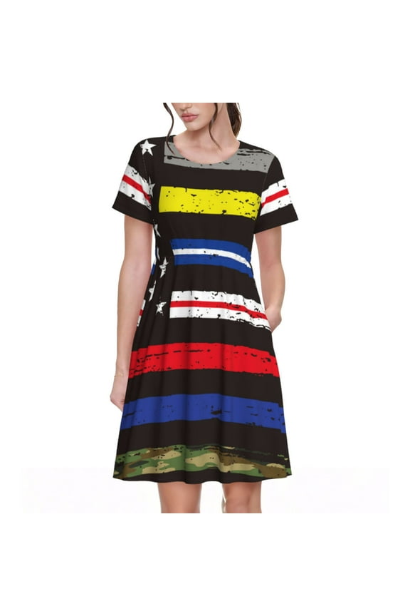 First Responder American Flag Pattern Women's Short Sleeve Summer Dress Pleated Loose Swing Knee Length Short Sleeve Swing Dresses