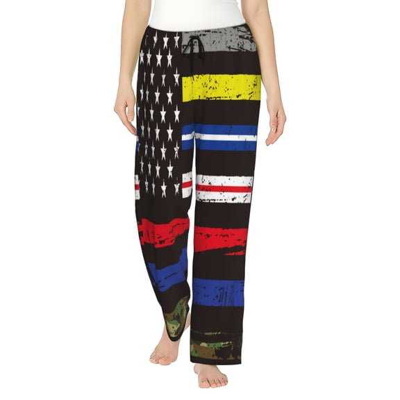 Picia First Responder American Flag Pattern Womens Soft Woven Cotton Elastic Waistband Sleep Pajama Pant Lounge Sleep Pant With Pockets And Drawstring-X-Large