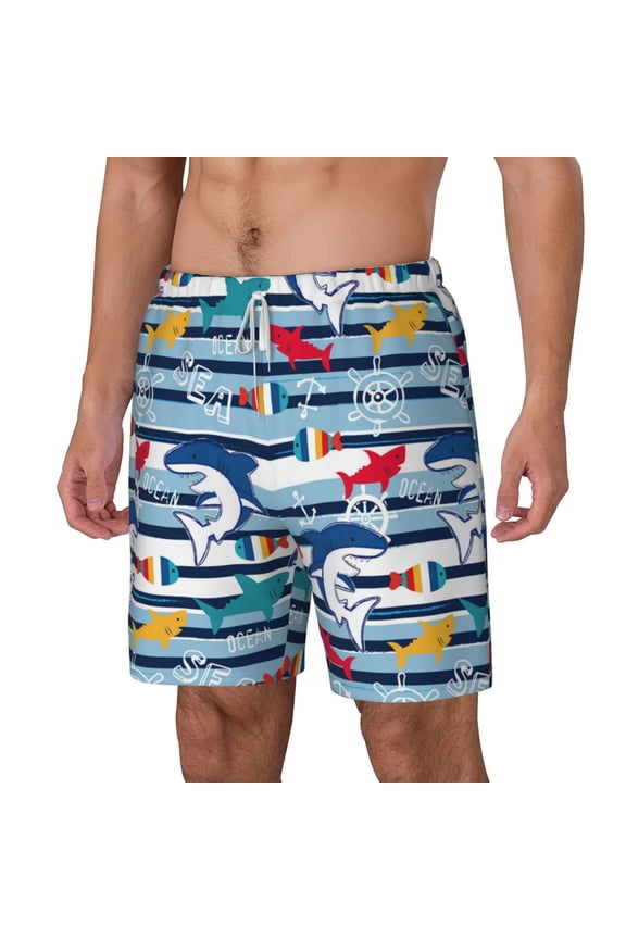 Fish And Shark pattern Mens Swim Trunks with Compression Liner Stretch Beach Shorts Quick Dry with Zipper Pockets No-Chafing Board Shorts-Small