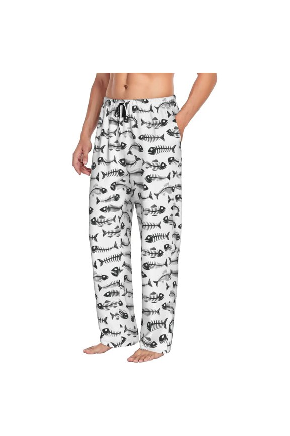 Fish Bones Mens Soft Woven Cotton Elastic Waistband Sleep Pajama Pant Lounge Sleep Pant With Pockets And Drawstring-Large