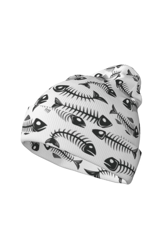 Fish Bones Pattern Knitted Beanie Hat for Men and Women , Unisex Winter Warm Stretchy Knit Cap Thick Fisherman Beanies Cuffed Plain Skull Caps