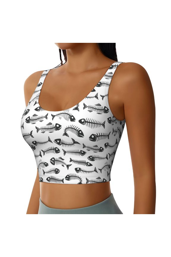 Fish Bones Sports Bra for Women,Padded Strappy Sports Bras Medium Support Yoga Bra with Removable Cups,Running Yoga Bra-X-Large