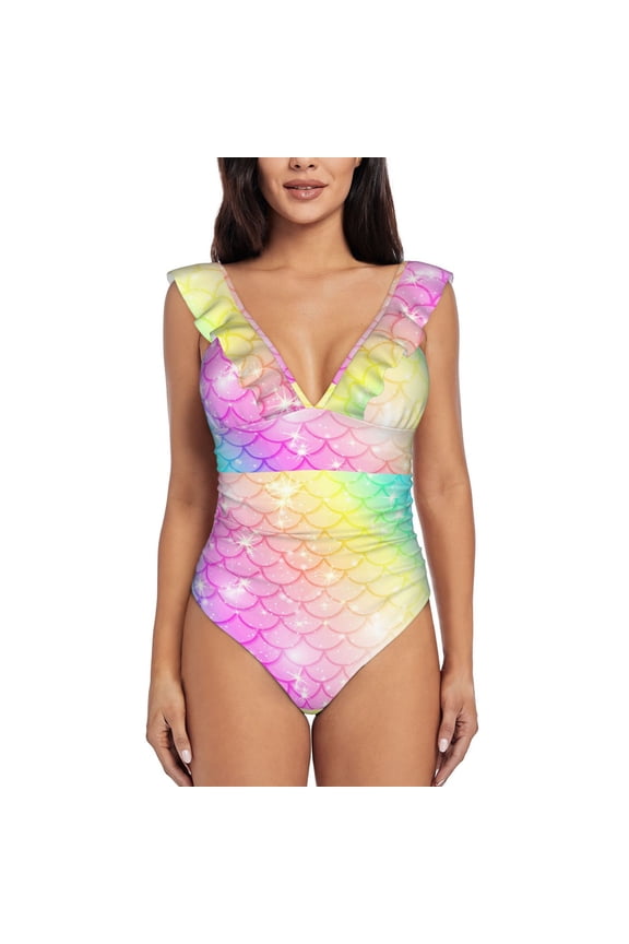 Fish Scale Blooming Jelly Womens Tummy Control Bathing Suits Slimming Ruffle Swimsuit One Piece Lace Swimwear-