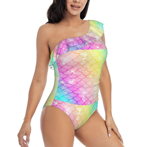 Picia Fish Scale Pattern Women's One Piece Swimsuits,One Shoulder Swimwear Asymmetric ,Ruffle Monokinis Bathing Suits,High Waisted Flattering Bathing Suits-Small