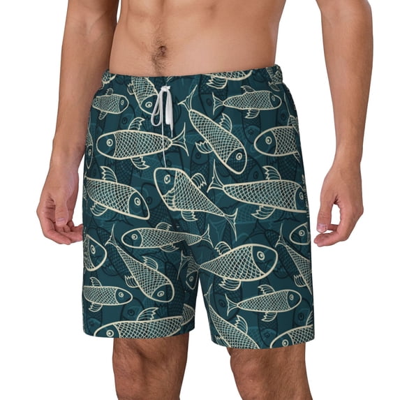 Picia Fish Style pattern Mens Swim Trunks with Compression Liner Stretch Beach Shorts Quick Dry with Zipper Pockets No-Chafing Board Shorts-Small
