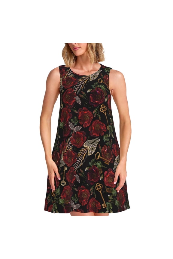 Fishbone Rose Print Women’s Sleeveless Midi Swing Dress – A-Line Pleated Tank Sundress, Comfortable and Flowy T-Shirt Dress