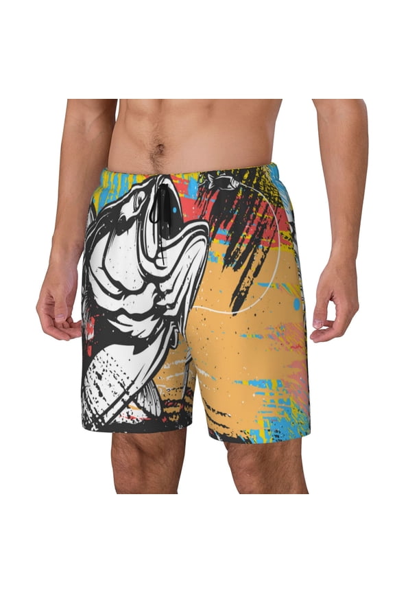 Fishing Bass Pattern Mens Swim Trunks with Compression Liner Stretch Beach Shorts Quick Dry with Zipper Pockets No-Chafing Board Shorts-Medium