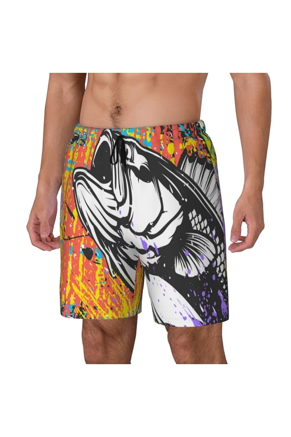 Fishing Bass Pattern Mens Swim Trunks with Compression Liner Stretch Beach Shorts Quick Dry with Zipper Pockets No-Chafing Board Shorts-Small