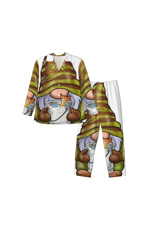 Fishing Gnome Fisherman Pattern Men’s Long-Sleeve Sleepwear Set - Soft 2-Piece Loungewear with Pockets, Comfy PJs for Relaxing Nights-Large