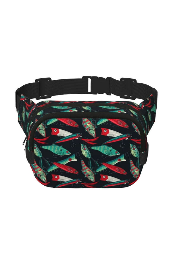 Fishing Lure Print Square Double-Layer Waist Bag Mini Adjustable Waist Belt Bag Exercise Running Travel Hiking