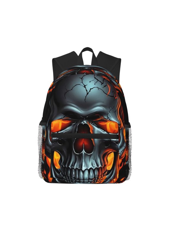 Flame Metal Skull Large Capacity Backpack Classic Style Backpack Casual Backpack Water-Resistant School Work Travel Outdoor Backpack