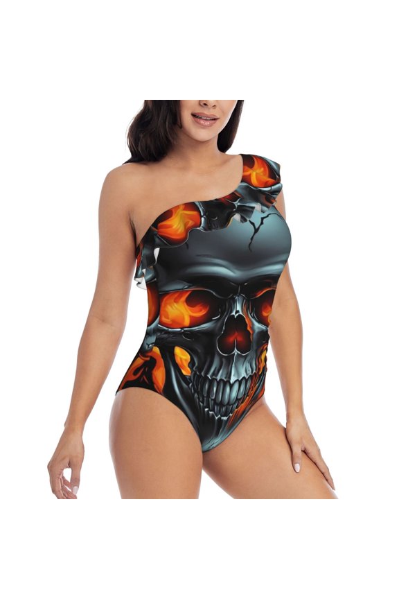 Flame Metal Skull Pattern Women's One Piece Swimsuits,One Shoulder Swimwear Asymmetric ,Ruffle Monokinis Bathing Suits,High Waisted Flattering Bathing Suits-Small