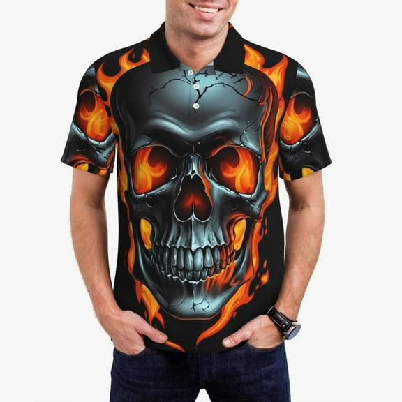 Picia Flame Metal Skull Print Men's Polo Shirt, Two-Button Closure Pique Polo Shirt, Summer Fashion Golf Shirt-Medium