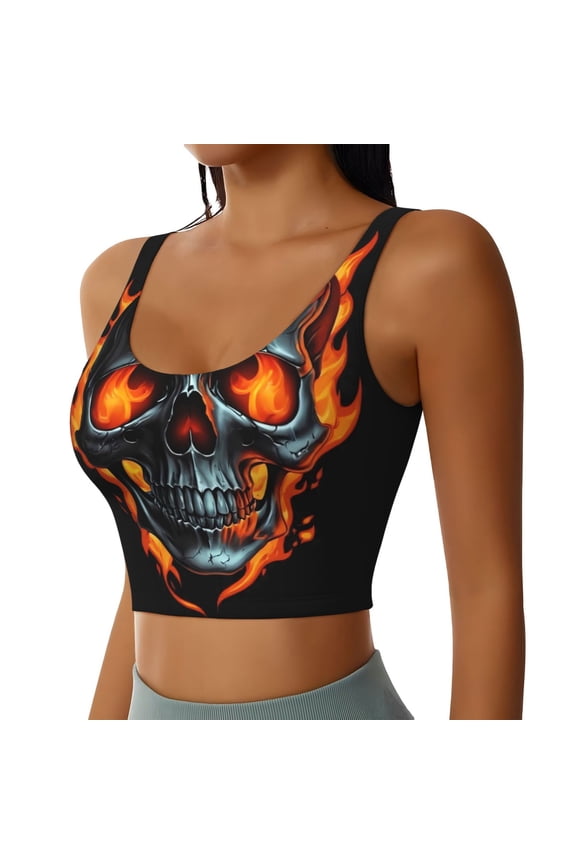 Flame Metal Skull Sports Bra for Women,Padded Strappy Sports Bras Medium Support Yoga Bra with Removable Cups,Running Yoga Bra-Medium