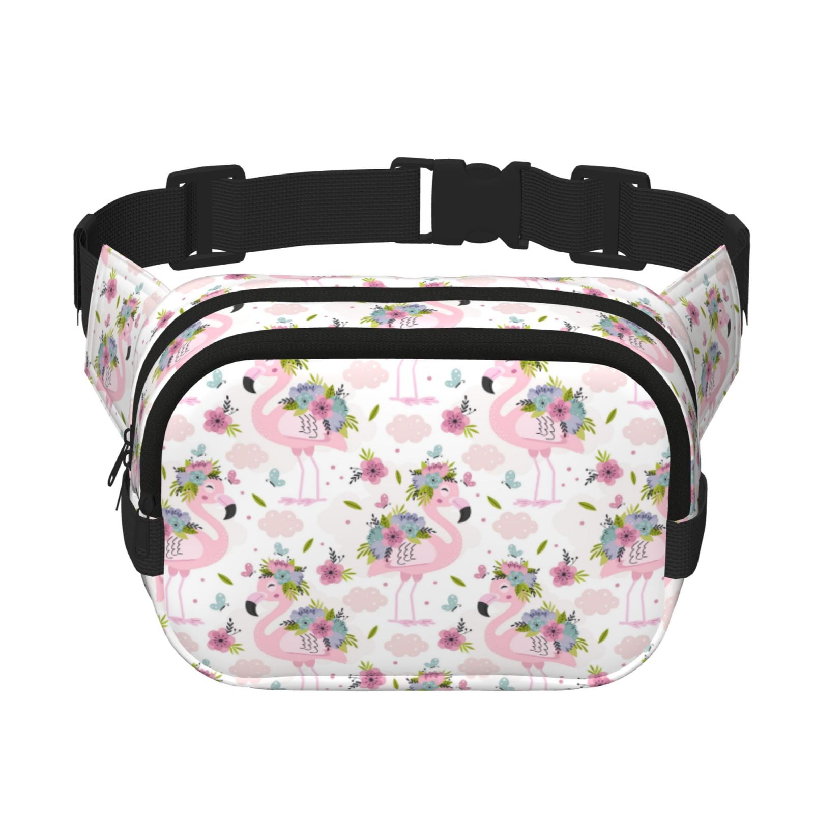 Picia Flamingo And Flowers Print Square Double-Layer Waist Bag Mini Adjustable Waist Belt Bag Exercise Running Travel Hiking