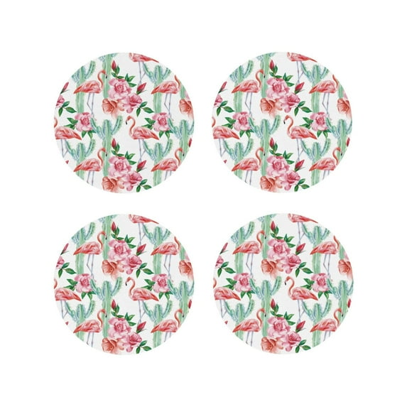 Picia Flamingo Flower Printed Leather Coasters for Drinks, 4" Drink Coasters Set of 4 for Tabletop Protection, Handmade Luxurious Home Décor and Housewarming Gift -Round Shape