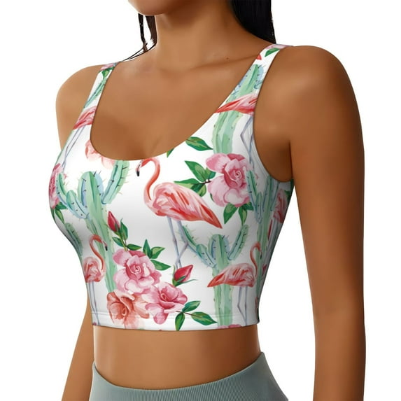 Picia Flamingo Flower Sports Bra for Women,Padded Strappy Sports Bras Medium Support Yoga Bra with Removable Cups,Running Yoga Bra-Medium