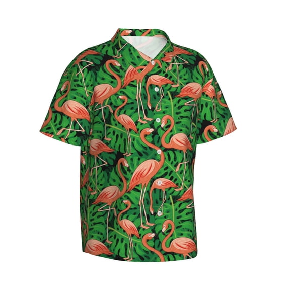 Picia Flamingo Gentle Cotton Regular Fit Short Sleeve Casual Hawaiian Shirt for Men-Small