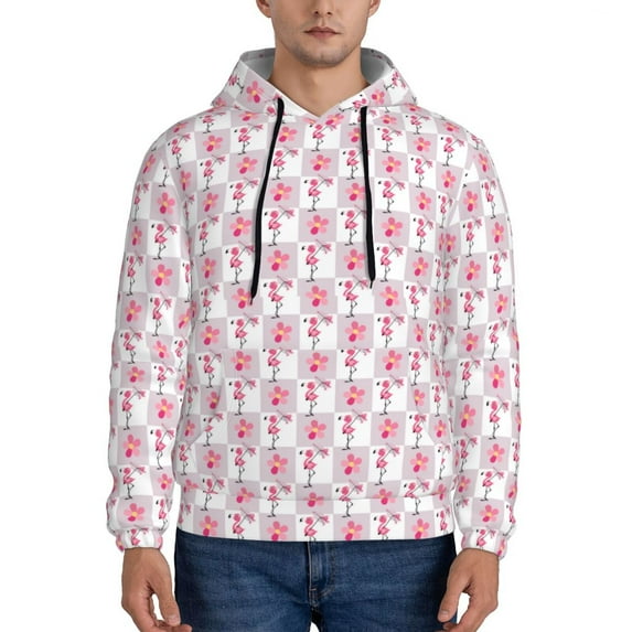 Picia Flamingo On Checkered Pattern Casual Men's Hoodie - Lightweight Hooded Sweatshirt with Kangaroo Pocket, Comfortable Pullover for Everyday, Travel-3X-Large