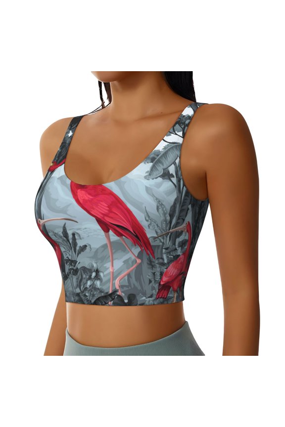 Flamingo On The Jungle Sports Bra for Women,Padded Strappy Sports Bras Medium Support Yoga Bra with Removable Cups,Running Yoga Bra-Large
