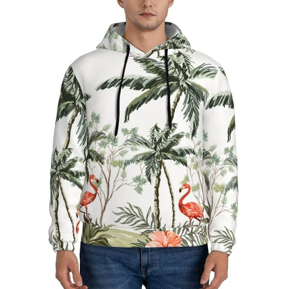 Picia Flamingo Palm Trees Pattern Casual Men's Hoodie - Lightweight Hooded Sweatshirt with Kangaroo Pocket, Comfortable Pullover for Everyday, Travel-Large