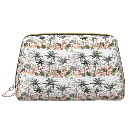Picia Flamingo Palm Trees Print Leather Makeup Bag Make Up Bag Travel Toiletry Bag for Her Girlfriend Teacher Teen Girl Gifts
