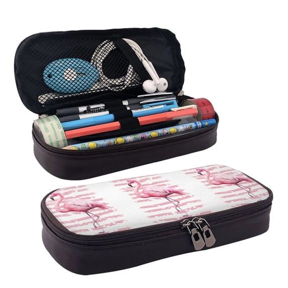 Picia Flamingo Pattern Large Capacity PU Leather Pencil Case Organizer Pen Marker Holder Double Zipper Storage Bag Big Pencil Pouch for College Office