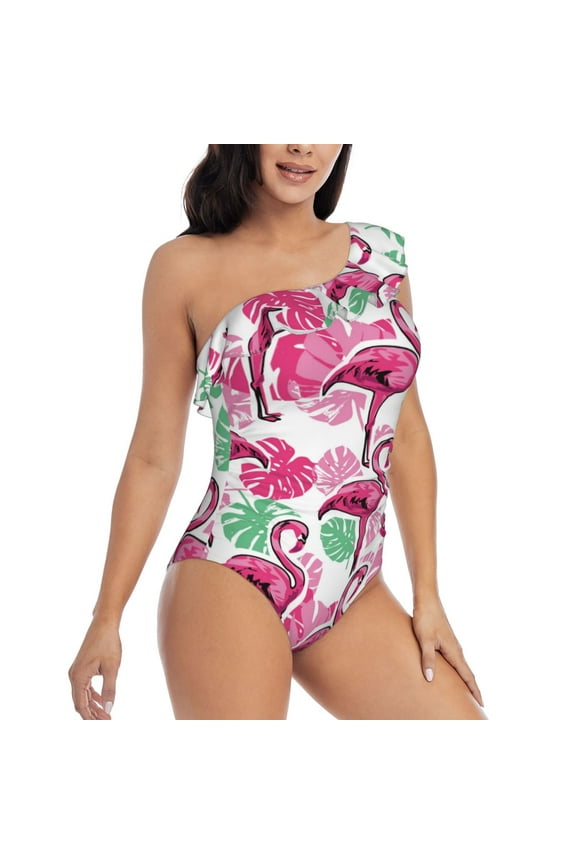 Flamingo Pattern Women's One Piece Swimsuits,One Shoulder Swimwear Asymmetric ,Ruffle Monokinis Bathing Suits,High Waisted Flattering Bathing Suits-Medium
