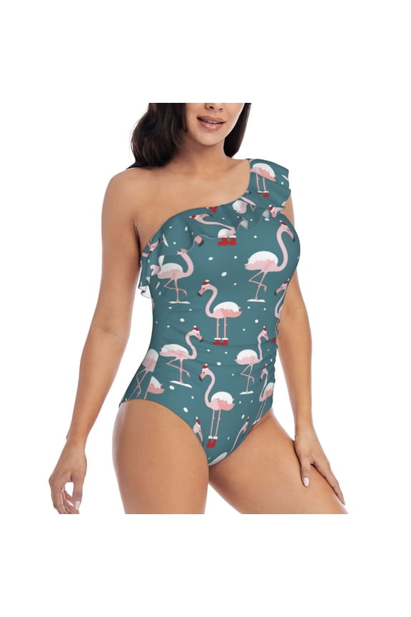 Flamingo Pattern Women's One Piece Swimsuits,One Shoulder Swimwear Asymmetric ,Ruffle Monokinis Bathing Suits,High Waisted Flattering Bathing Suits-