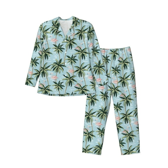 Picia Flamingos And Palms Pattern Men’s Long-Sleeve Sleepwear Set - Soft 2-Piece Loungewear with Pockets, Comfy PJs for Relaxing Nights-Medium