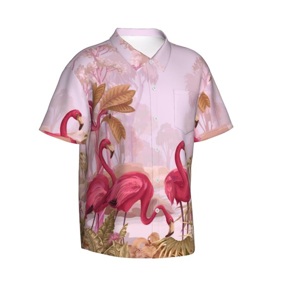 Picia Flamingos In The Tropical Forest Gentle Cotton Regular Fit Short Sleeve Casual Hawaiian Shirt for Men-Medium