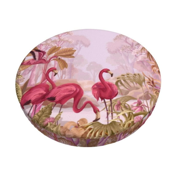 Picia Flamingos In The Tropical Forest Pattern Round Stool Covers Comfy Seat Covers Stretch Removable Washable Chair Slipcover Round Bar Chair Cushion Cover-12 inch