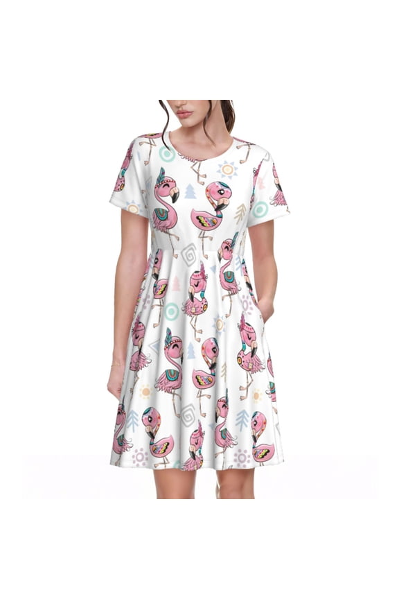 Flamingos Tribal Pattern Women's Short Sleeve Summer Dress Pleated Loose Swing Knee Length Short Sleeve Swing Dresses
