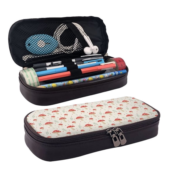 Picia Flat Mushrooms Pattern Large Capacity PU Leather Pencil Case Organizer Pen Marker Holder Double Zipper Storage Bag Big Pencil Pouch for College Office