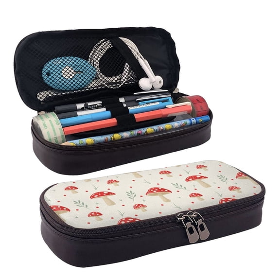 Picia Flat Mushrooms Pattern Large Capacity PU Leather Pencil Case Organizer Pen Marker Holder Double Zipper Storage Bag Big Pencil Pouch for College Office