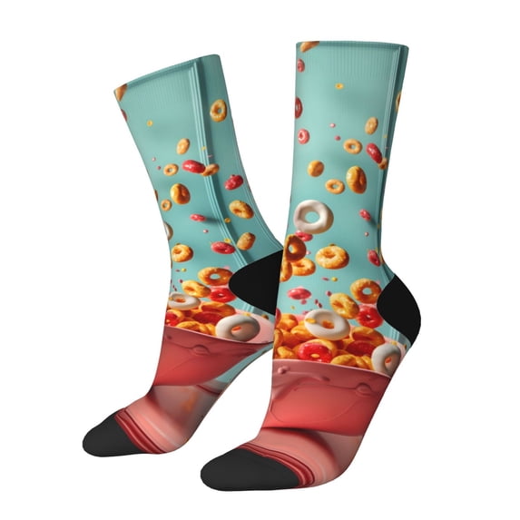 Picia Floating Colorful Cereal Print Athletic Socks for Men & Women – Cushioned Moisture-Wicking Crew Socks for Sports, Running, and Training, Soft & Breathable Size 5-11