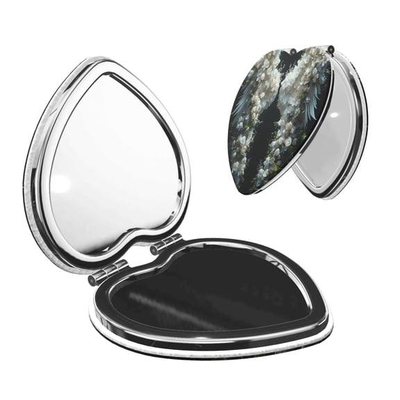 Picia Floral Angelic White Wings for Compact Vanity Mirror , Travel Makeup Mirror , Portable Magnifying Cosmetic Mirror for Daily, Work, Business-Heart Shape