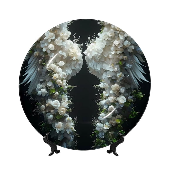Picia Floral Angelic White Wings Pattern Bone China Decorative Plate – Wall Decor with Stand and Adhesive, Elegant Ornament for Living Room, Office, or Entryway-7in