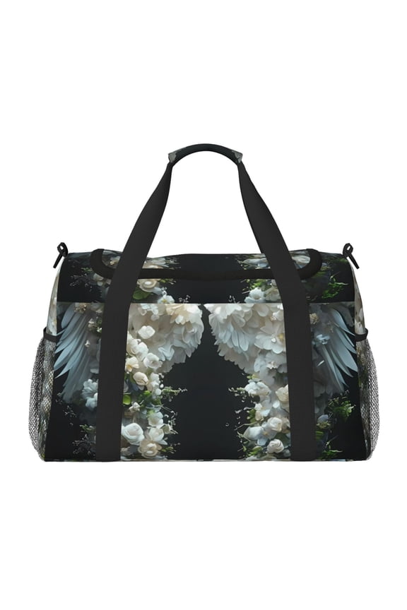 Floral Angelic White Wings Print Travel Duffle Bag,Weekender Bags for Women with Shoe Compartment, Gym Duffel Bag with Wet Pocket, Hospital Bags for Labor and Delivery