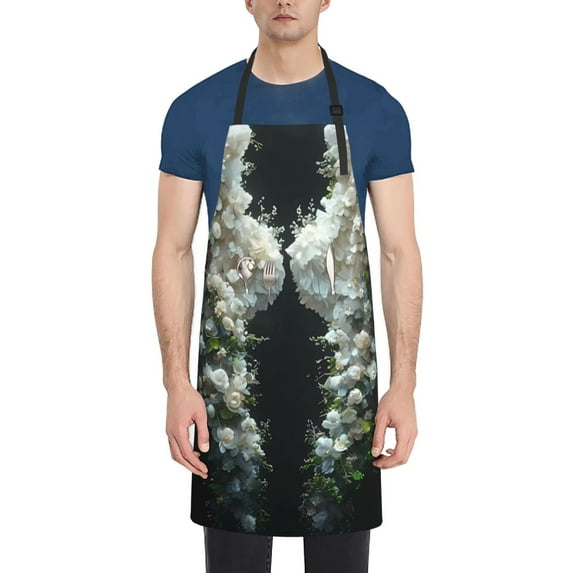 Picia Floral Angelic White Wings Waterproof Apron for Unisex Adult - Adjustable Bib Apron with Pockets, Ideal for Cooking, Gardening, Painting, and Household Chores